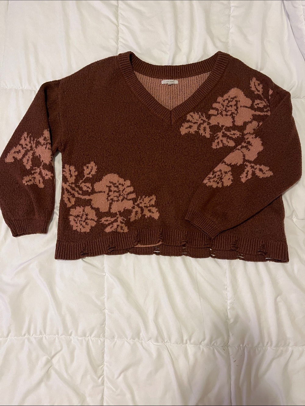 Maurices Brown V-Neck Sweater with Pink Floral Knit